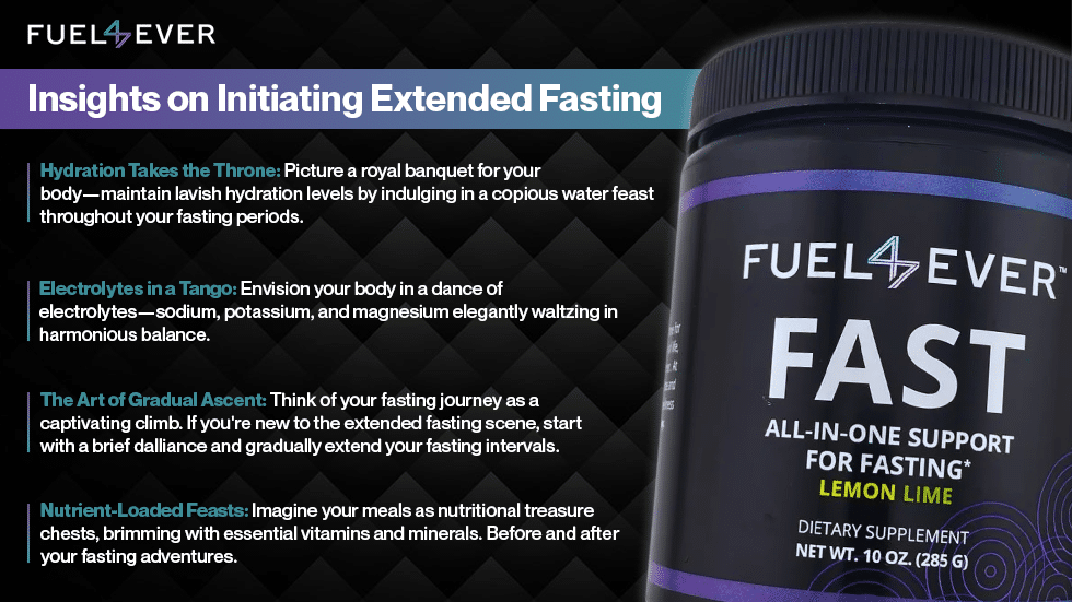 Image shows the detailed information about the insighta of initiating extended fasting, hence it contains different pointers of the same. Also in right side of images there lemon line flavor fast supplement by fuel4ever